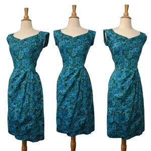 Vintage 50s Hawaiian Peacock Blue Green Floral Sarong Wrap Wiggle Frock Dress